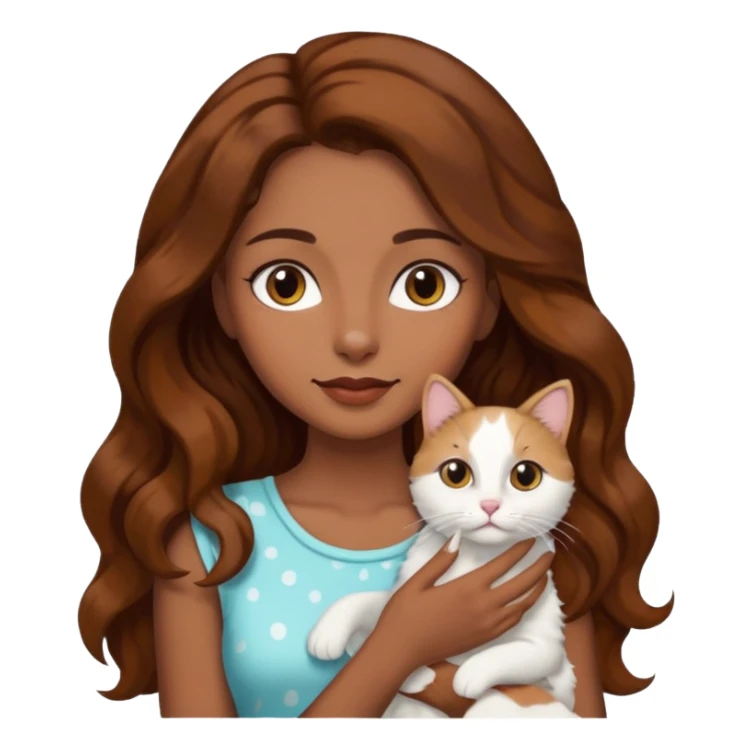 Chica morena con el pelo largo ondulado moreno con un gato en brazos blanco con manchas negras sticker