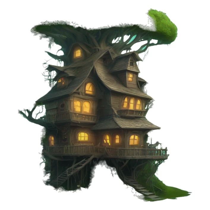 Fantasy haunted tree house in an overgrown cottage with a futuristic twist  sticker