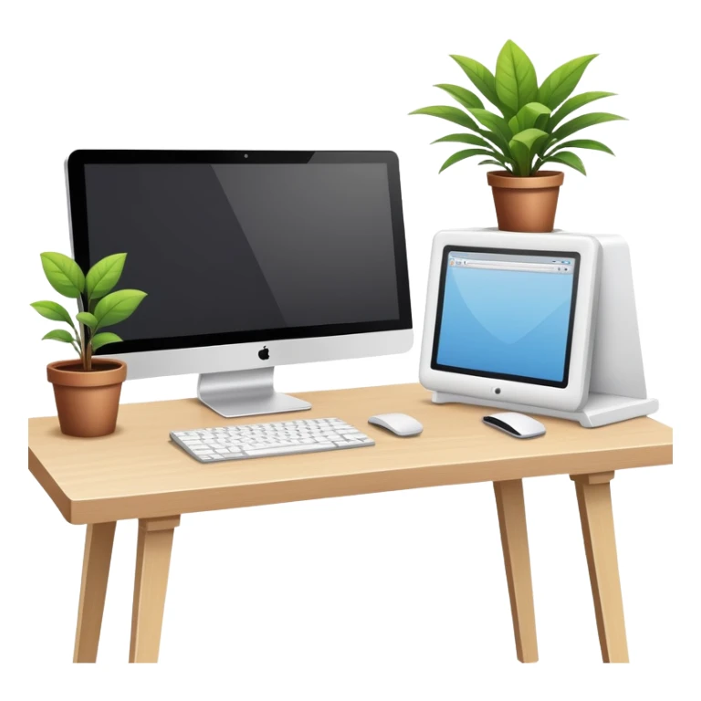 Clean and organized workspace desk with a computer monitor and a small potted plant, minimal clutter, organized office supplies sticker