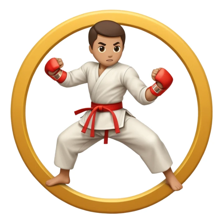 An emblem-style emoji symbolizing striking martial arts. The design features a stylized fighter in a dynamic stance, delivering a powerful punch, surrounded by a circular border with traditional elements like fists and combat symbols. Bold, clean lines with contrasting colors. sticker