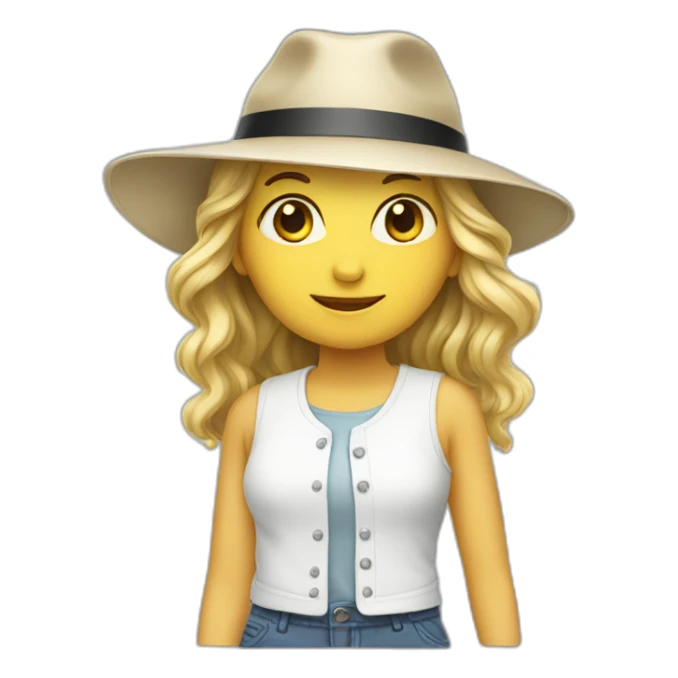 a girl with white shoes and a hat sticker