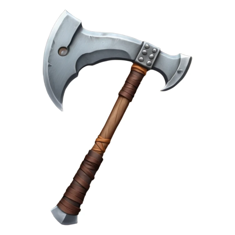 barbarian axe object icon, huge double-bladed axe, rough metal, wooden handle, leather wraps, fantasy style, 3D cartoon, mobile game icon style, centered, clean background, soft shadow, no text, no watermark
 sticker