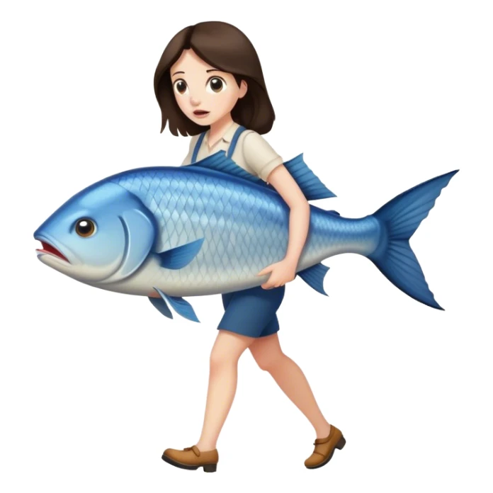 Confused Brunette Woman walking with huge fish sticker