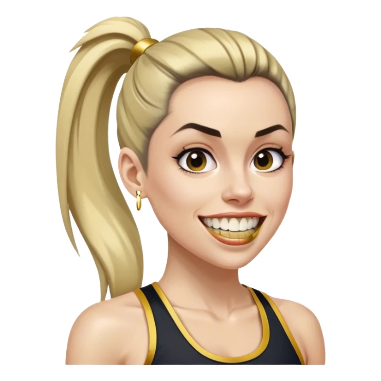 Melanie chisholm with a high ponytail wearing athletic attire and a gold tooth sticker