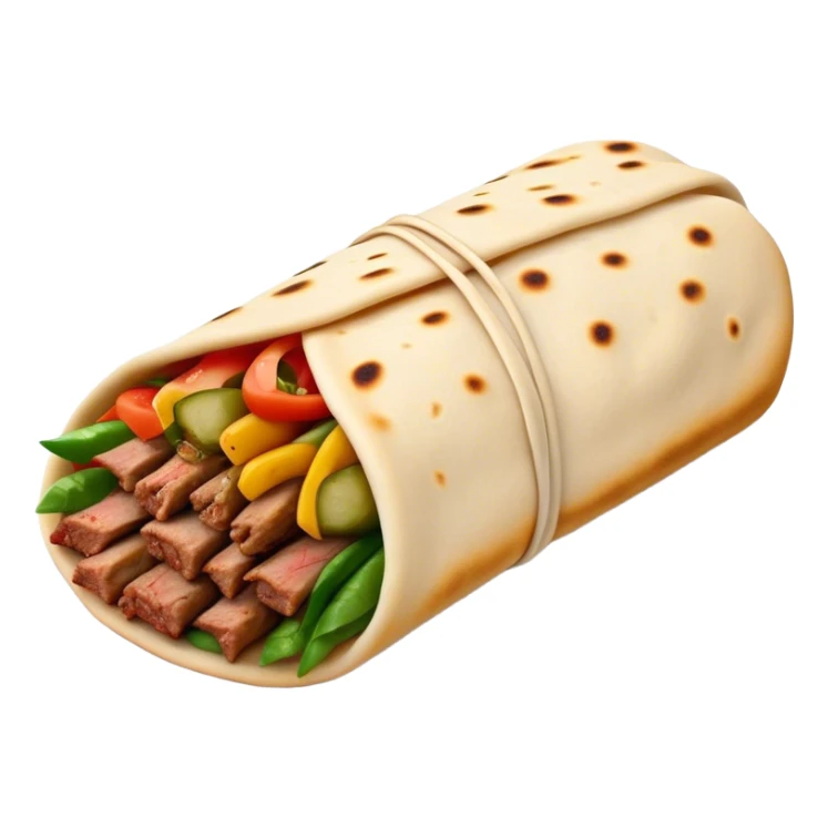 Cinematic Realistic Shawarma Dish Emoji, showcasing spiced, succulent meat wrapped in flatbread with fresh vegetables rendered with lifelike detail and dynamic, appetizing lighting. sticker