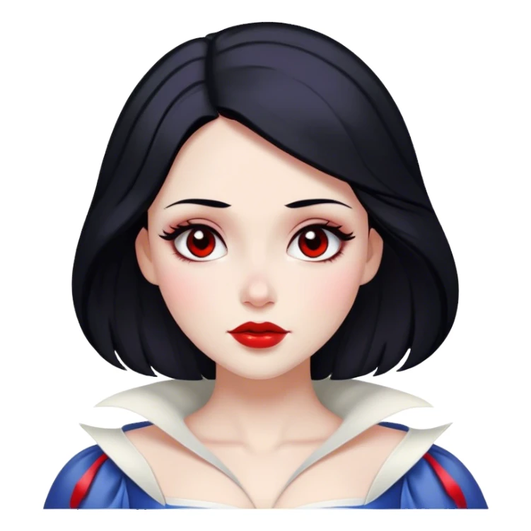 Cinematic Majestic Snow White Portrait Emoji, rendered in a clean, vector-style with bold, simplified shapes. Show Snow White with a serene, noble expression, radiant porcelain skin, and elegantly styled raven hair accented with subtle red highlights, her attire simple yet refined. The design radiates a majestic, pure glow with high shine and a soft glowing outline, embodying classic royal beauty. sticker