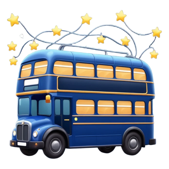 A dark blue double decker bus with cute cosy twinkle lights sticker