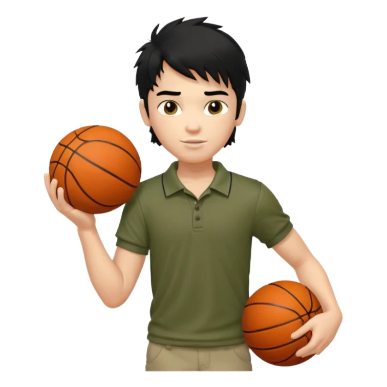 generate a pretty fair bratz boy with a long messy mullet (black hair), carrying a basketball in one hand. Smirking .  Wearing an olive polo shirt. Lean but biceps sticker