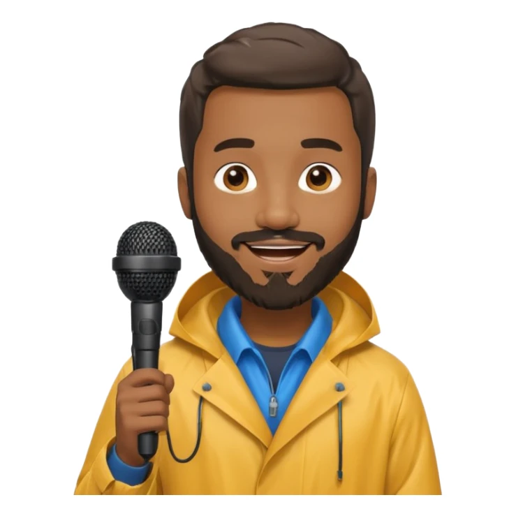 bearded black man with rain coat and microphone sticker