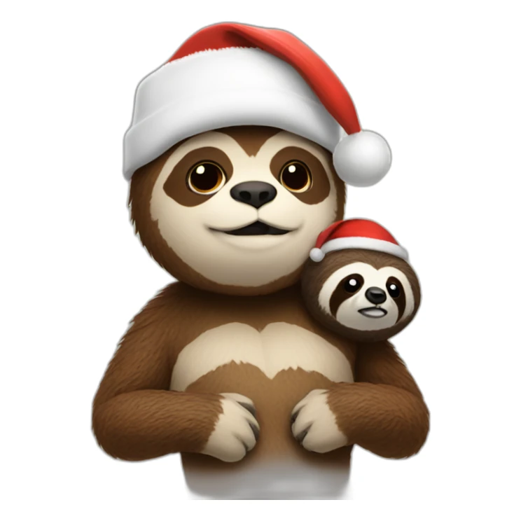 Santa with a sloth on his shoulder and the sloth has a baseball cap sticker