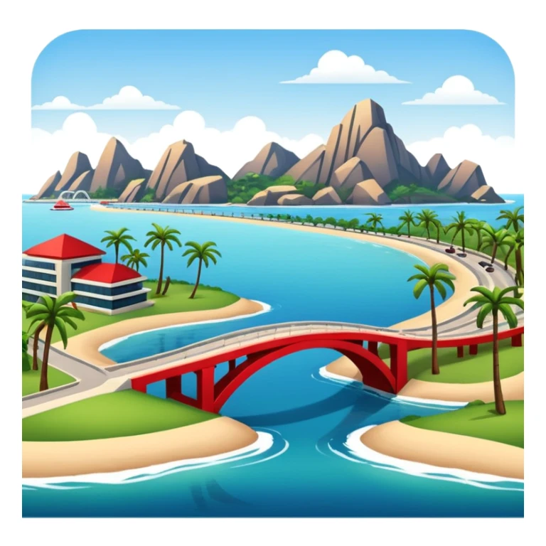 advanced modern island with advanced infrastructure, parks, contemporary architecture, beaches with palm trees, and a red bridge on one side sticker