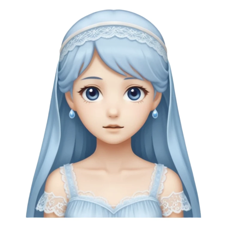 Beautiful ethereal pastel transparent translucent Gorgeous spectral dark greyish-blue whitish gloomy spectral Anime Poltergeist Lady  with a beautiful white silky lace dress with a silky lace head band sticker