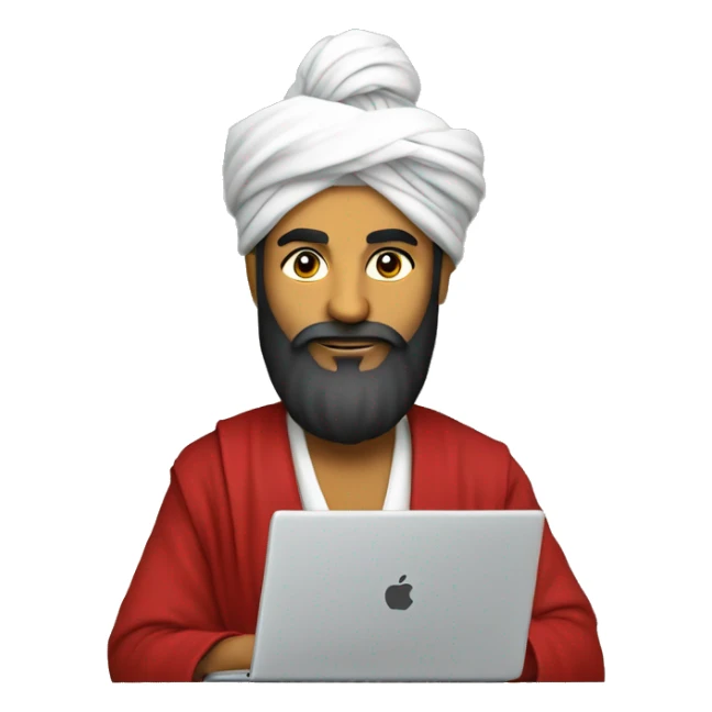 A caliph with turban and red clothes writing in a laptop sticker