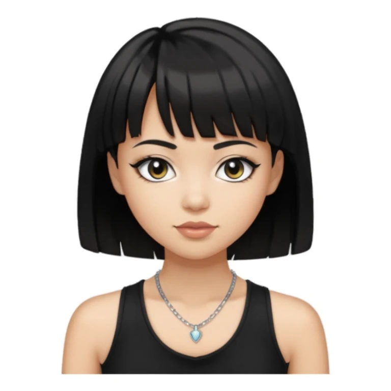 Make an emoji that is a bit fat but also a bit skinny at the same time, has black short hair with bangs, has eye liner and mascara on, has a black tanktop on, and has a necklace on  sticker