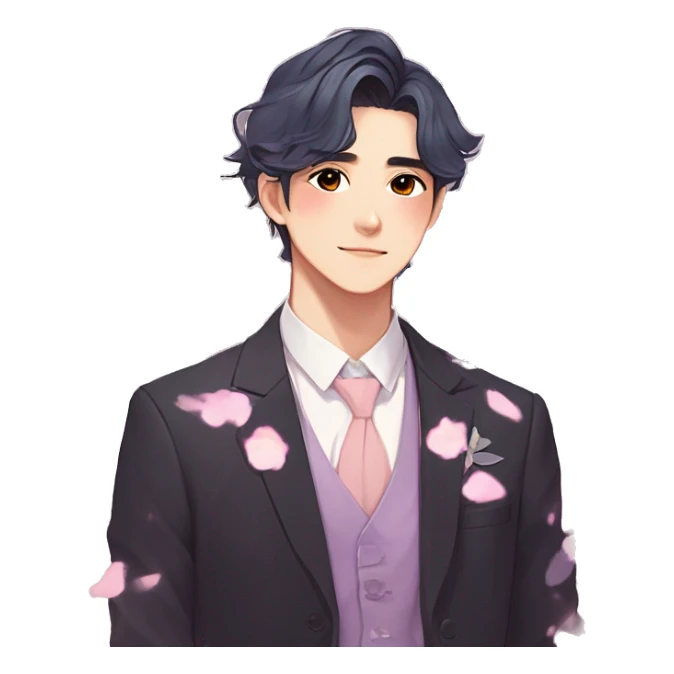 Gorgeous romantic anime style Asian formal modern gentlemanly guy with pretty hair and flower petals and blushing face aesthetic trending style with colorful gradient colors  pastelcore cottagecore kawaiicore sticker