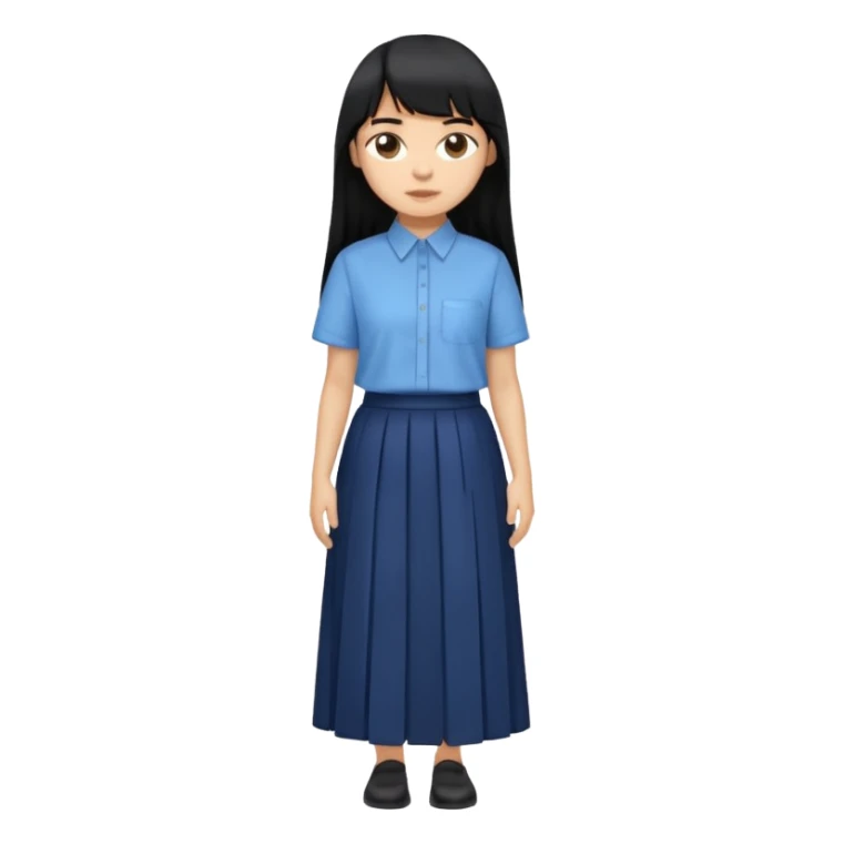 hair : black long hair with fringe 
skin : light 
cloth : oversize light blue shirt + navy long long skirt 
 sticker