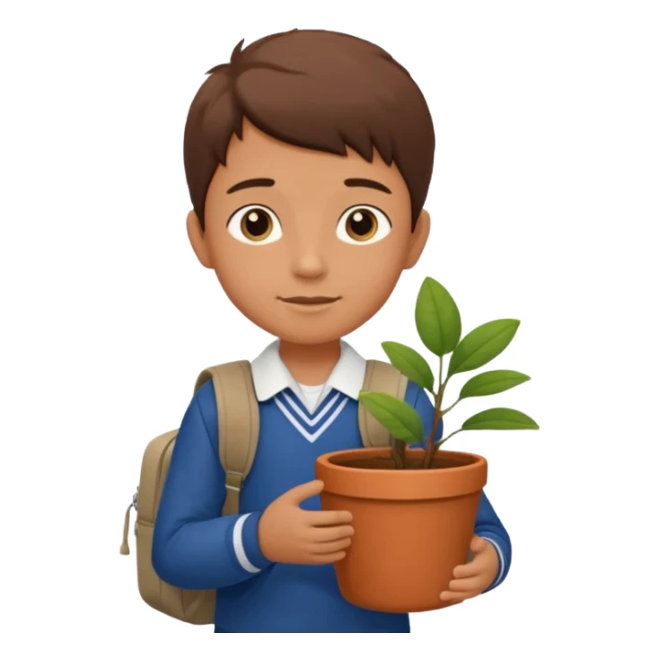 young boy wearing packpack, wearing uniform, holding a plant pot sticker