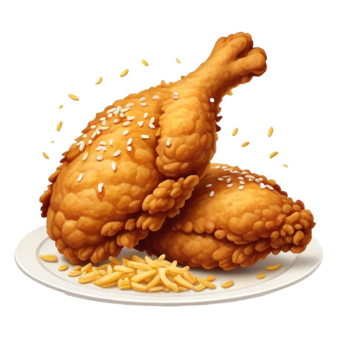 Cinematic crispy fried chicken, golden and crunchy, juicy inside, steaming as it is freshly served, sprinkled with seasoning, rich golden tones, inviting and delicious. sticker