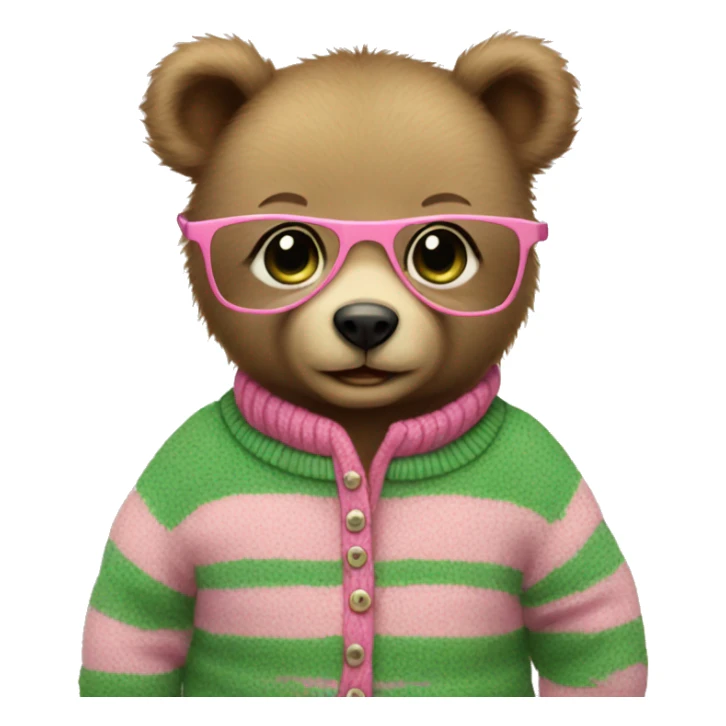 Baby bear wearing glassing and pink, green stripe sweater sticker