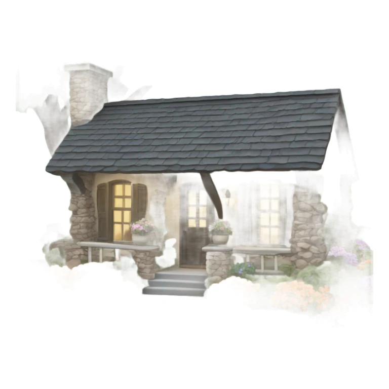 Quaint stone cottage with front porch and flowers sticker