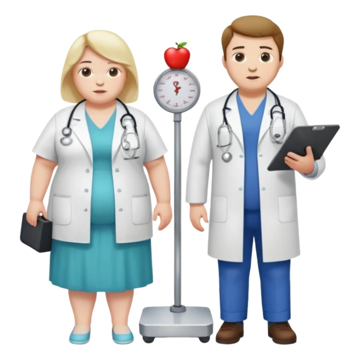 pessoa gorda em cima de balança e medico do lado sticker