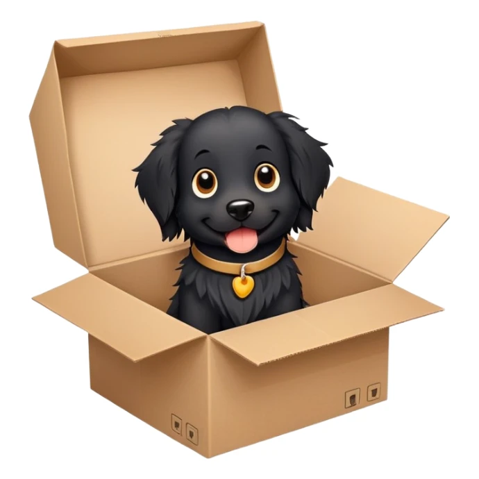  A very cute  young happy long hair black dog with one's head tilted to one side poked its paws out of the cardboard big box and placed them on top of it sticker