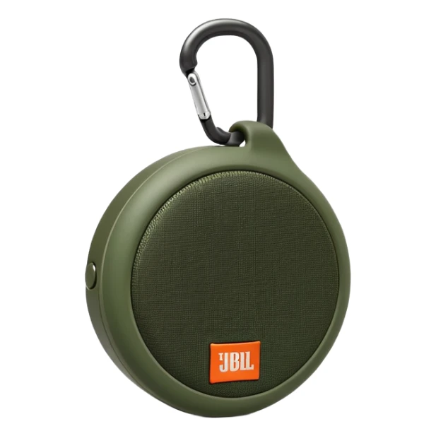 Minimalist JBL Clip 4 speaker with accurate circular shape and integrated carabiner clip at top, green camouflage pattern, iOS emoji style sticker