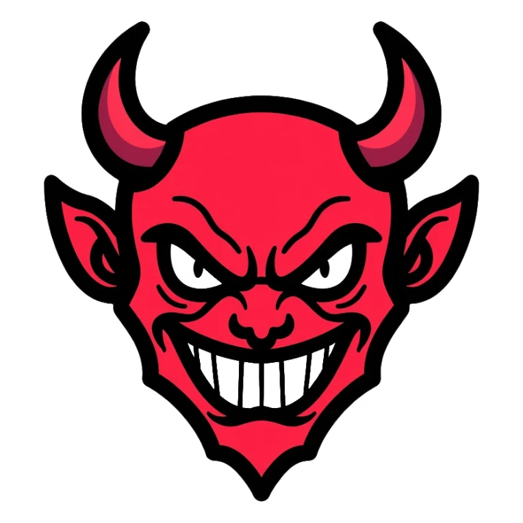 Scary red devil with horns, evil grin, and menacing eyes sticker