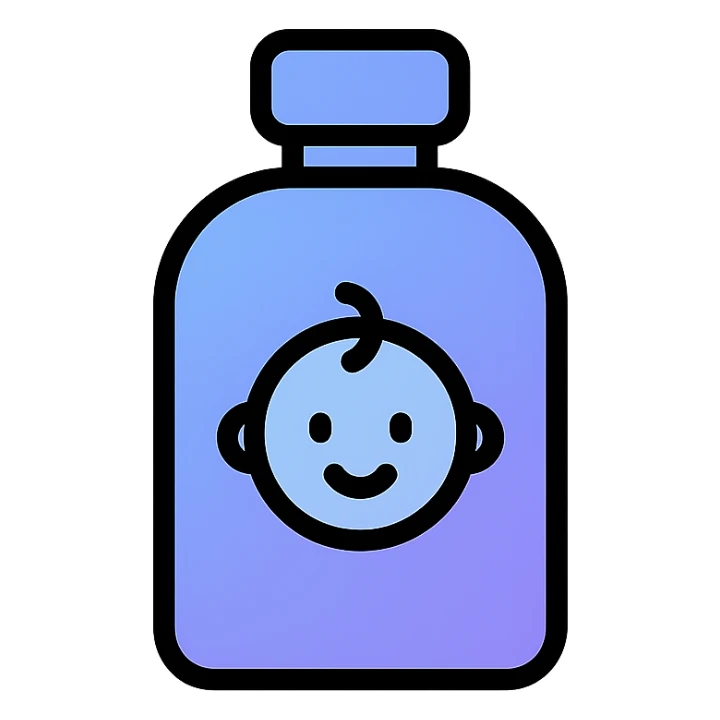 minimalist baby oil bottle, Discord icon style, soft blue and purple gradient, simple and friendly sticker