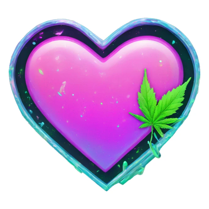 Sparkling 420 leaf hemp leaf inside a holographic neon graffiti pixel heart cigarette sticker