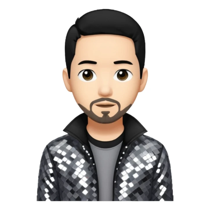 Mike Shinoda with jet black hair, gray sequin outfit sticker