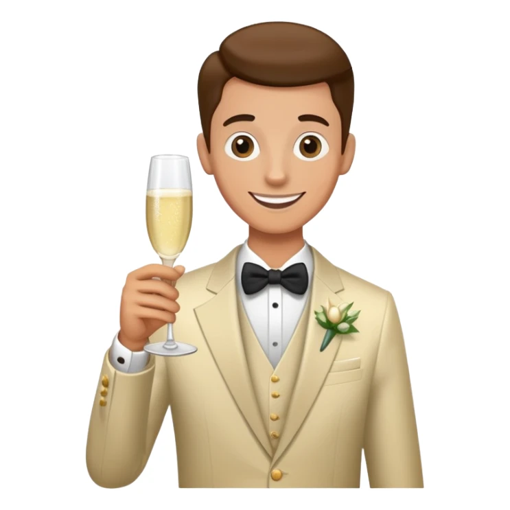 Wedding crasher character in fancy clothes trying to blend in at a wedding reception, holding champagne glass, goofy smile sticker
