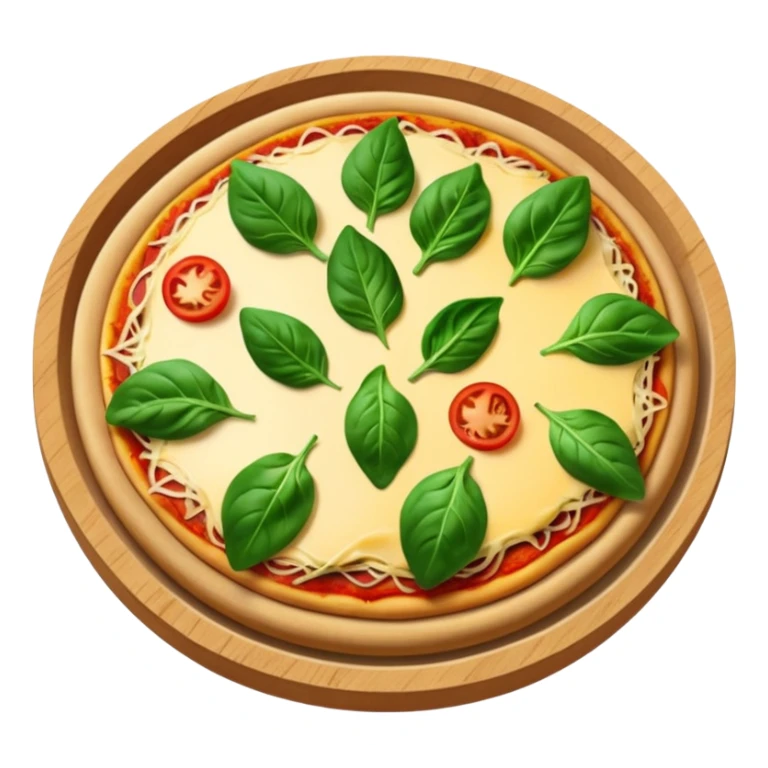 Bowls of pizza toppings, spinach, tomatoes, cheese sticker