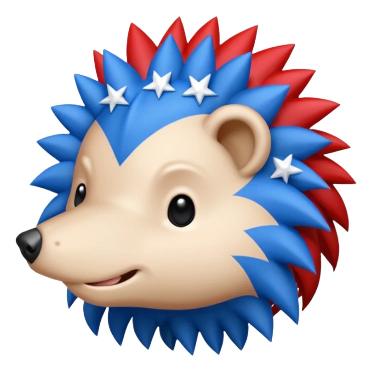 Red and blue Porcupine facing right. Bottom layer red: covers feet, round face, 2 spikes. blue upper layer 6 spikes, 3 white 5 pointed stars in the middle of the blue. sticker
