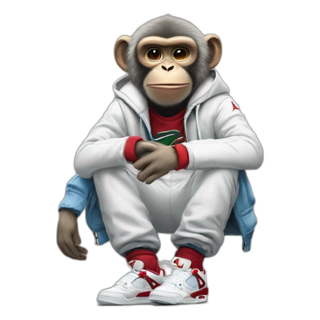 Monkey wearing Jordan 4 on its  feet with a bunch of Nike clothes sticker