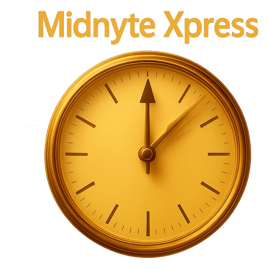 Add a sense of motion to the clock hands with motion blur or dynamic lines, while keeping the glowing effect and realistic style. The text 'Midnyte Xpress' should remain above. Maintain a transparent background. sticker