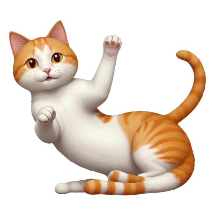 ginger and white cat with orange eyes doing a big extremely long stretch reaching up into the air with arms and legs side by side together straight and overextended whilst lying on its side sticker