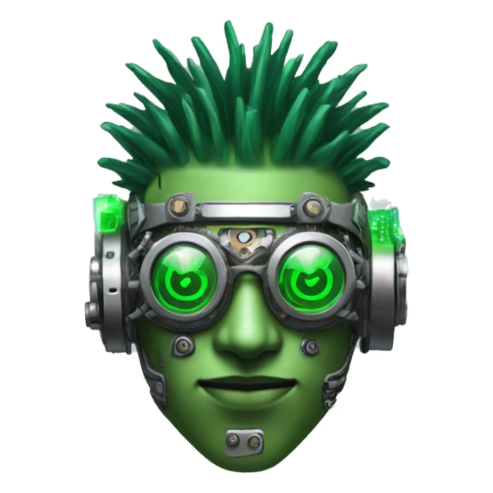 Green male cyborg head with green Mohawk, grey steampunk goggles and circuitry sticker