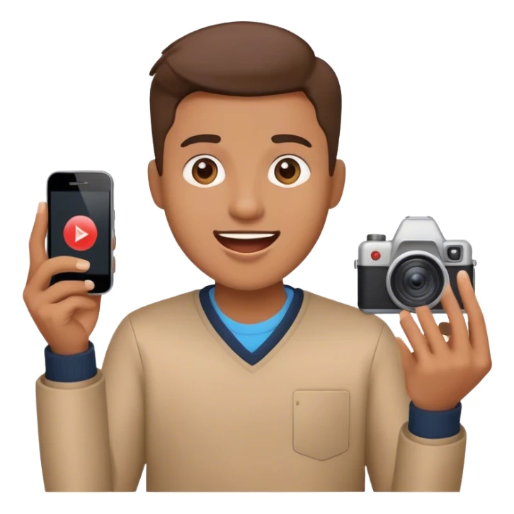 Emoji of a YouTube content creator: holding a camera or smartphone, excited expression, play button icon nearby, symbolizing video creation. sticker