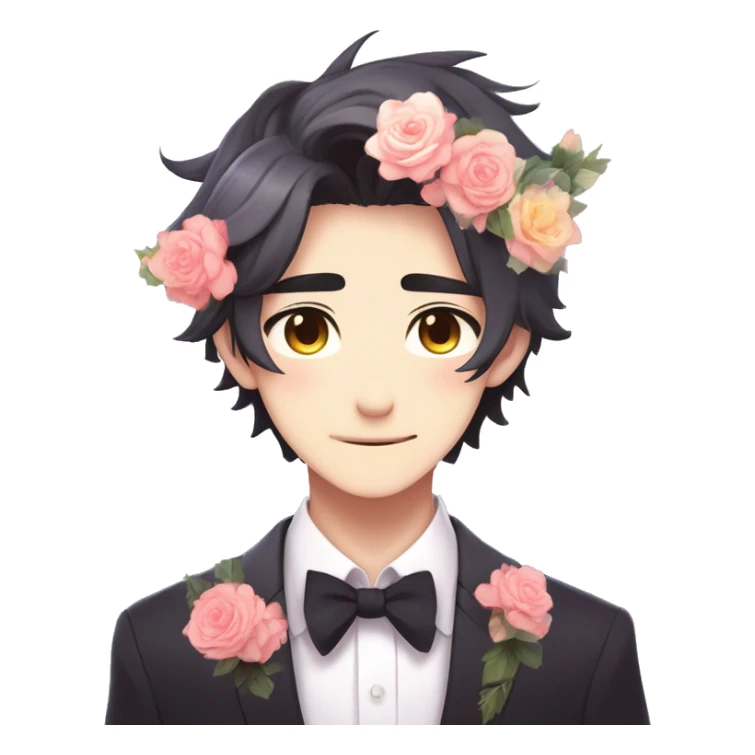 Gorgeous romantic anime style Asian formal modern gentlemanly guy with cat ears and flowers and blushing face aesthetic trending style outside with colorful gradient colors sticker