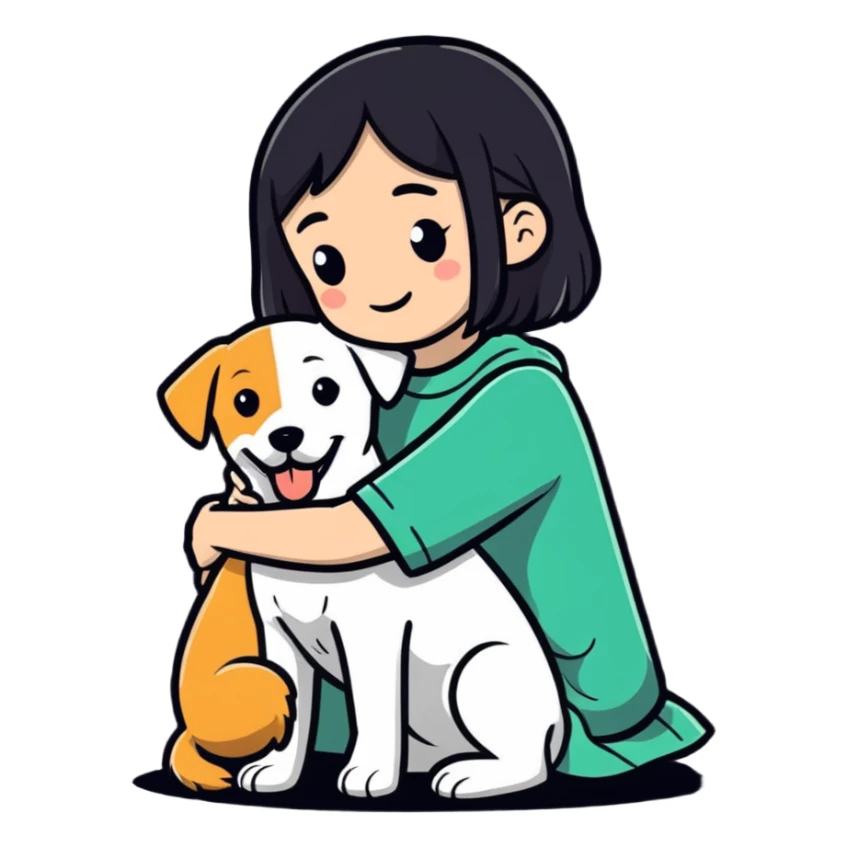Sad girl hugging a dog sticker