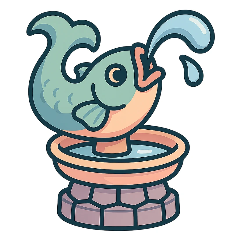 cute small fish-shaped fountain with water stream flowing from its mouth, eastern style, detailed drawing with shadows and highlights, thin clean outlines, soft rounded shapes, pastel palette #98B5BC, #B5B3C1, #C9A3C9, #E4C0CA, #F7DCD1, #F7C0AA, modern Japanese pop art and sticker aesthetics, soft lighting, transparent background sticker
