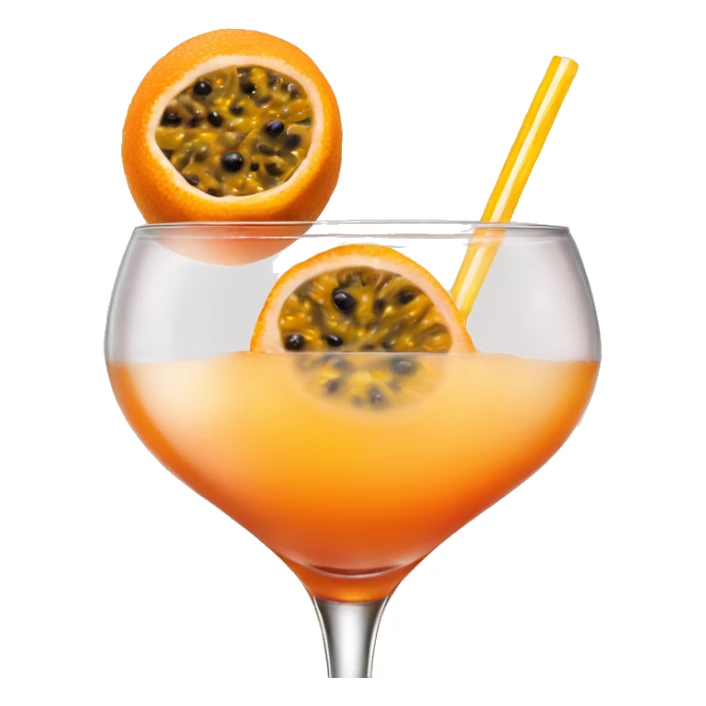 orange drink in a triangle cocktail glass with half of passion fruit on top sticker