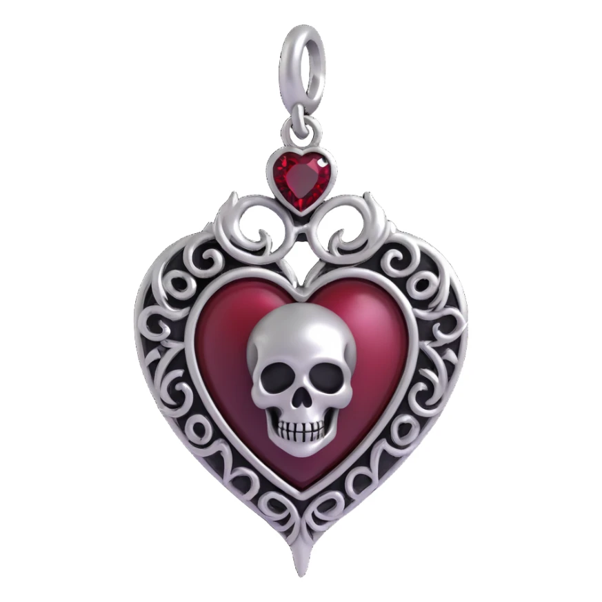 gothic heart, black satin, silver skull charm, deep red gemstone, dramatic and ornate sticker