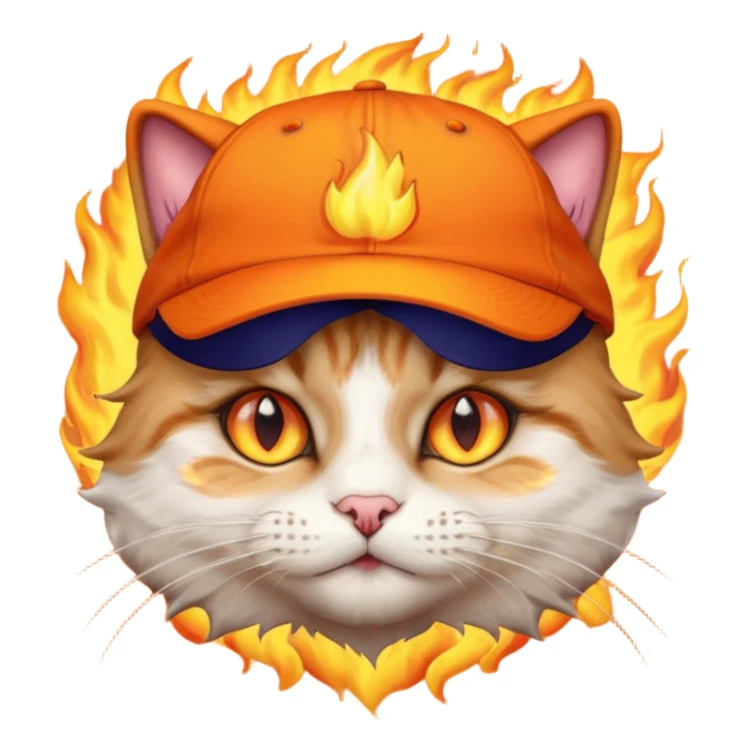 Cat with the flames in his eyes with a orange baseball hat on his head sticker