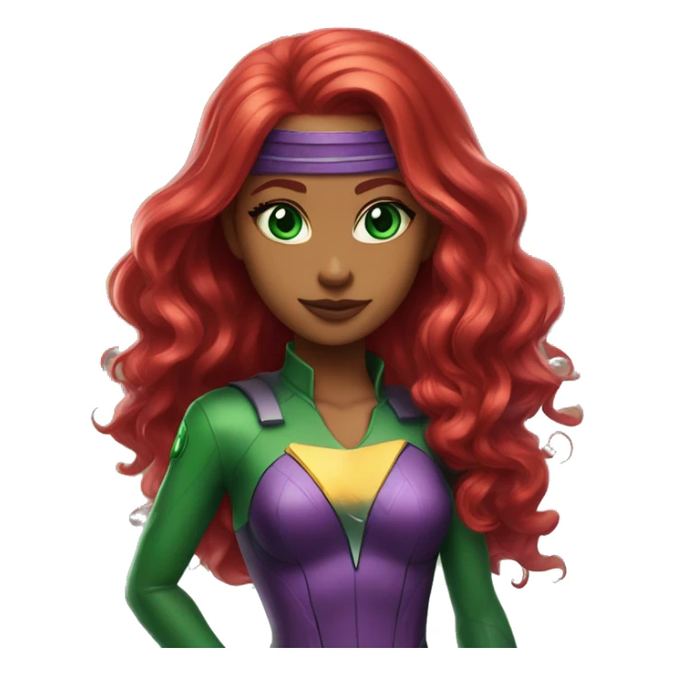 dc comics starfire firey red hair; purple and silver outfit;  emerald green eyes sticker