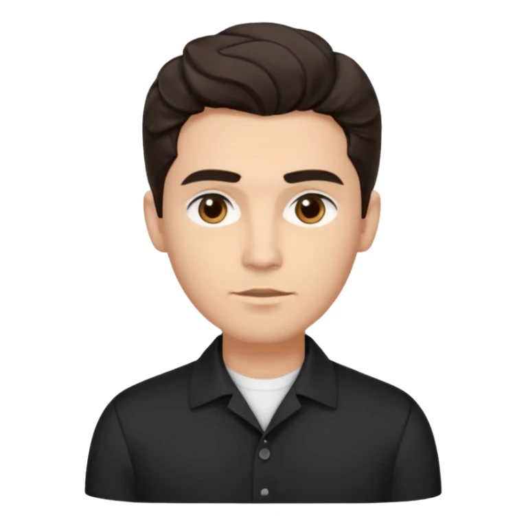 He’s a man with light to medium skin, a defined oval face, full brows, deep-set eyes, and wavy short dark brown tall hair styled with height, sides are trimmed. expression calm and focused relaxed black open-collar. polished, articulate, and coach vibe. personal development sticker