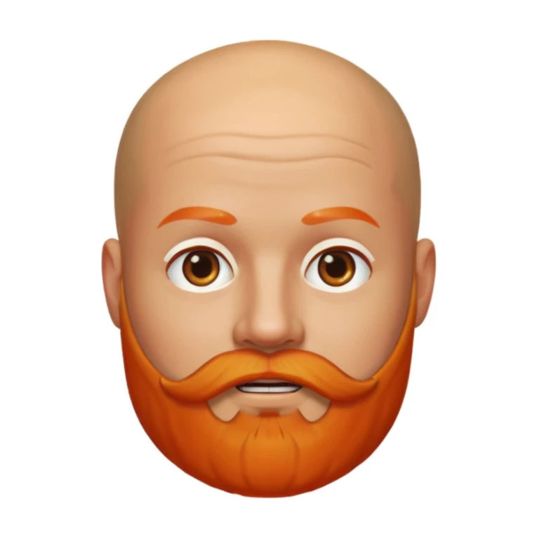 Memoji-style character, shiny bald head, orange eyebrows, thick orange beard, Apple Memoji style sticker