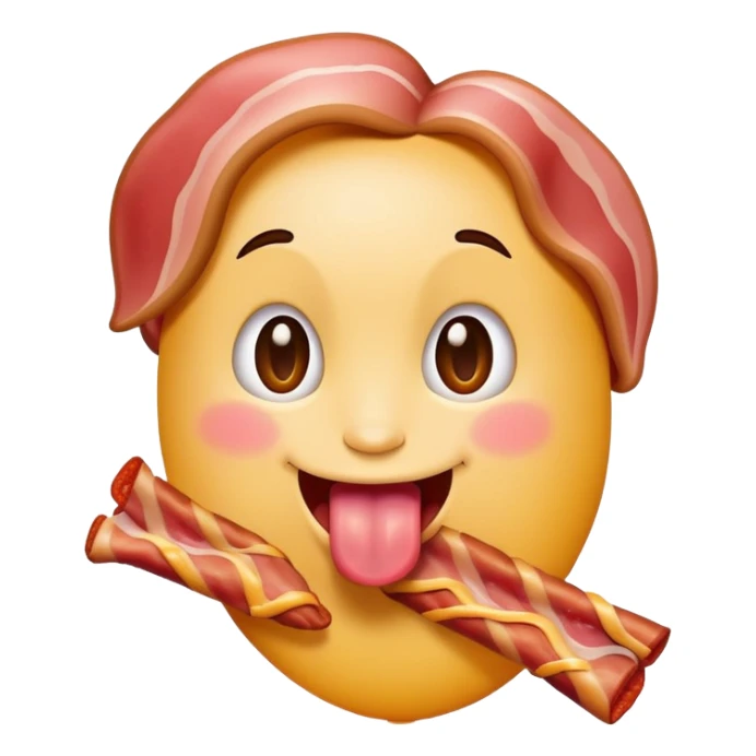 tongue out emoji holding a bacon strip, playful pose sticker