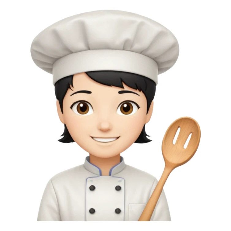 Short black hair, happy, wearing chef uniform and chef hat sticker